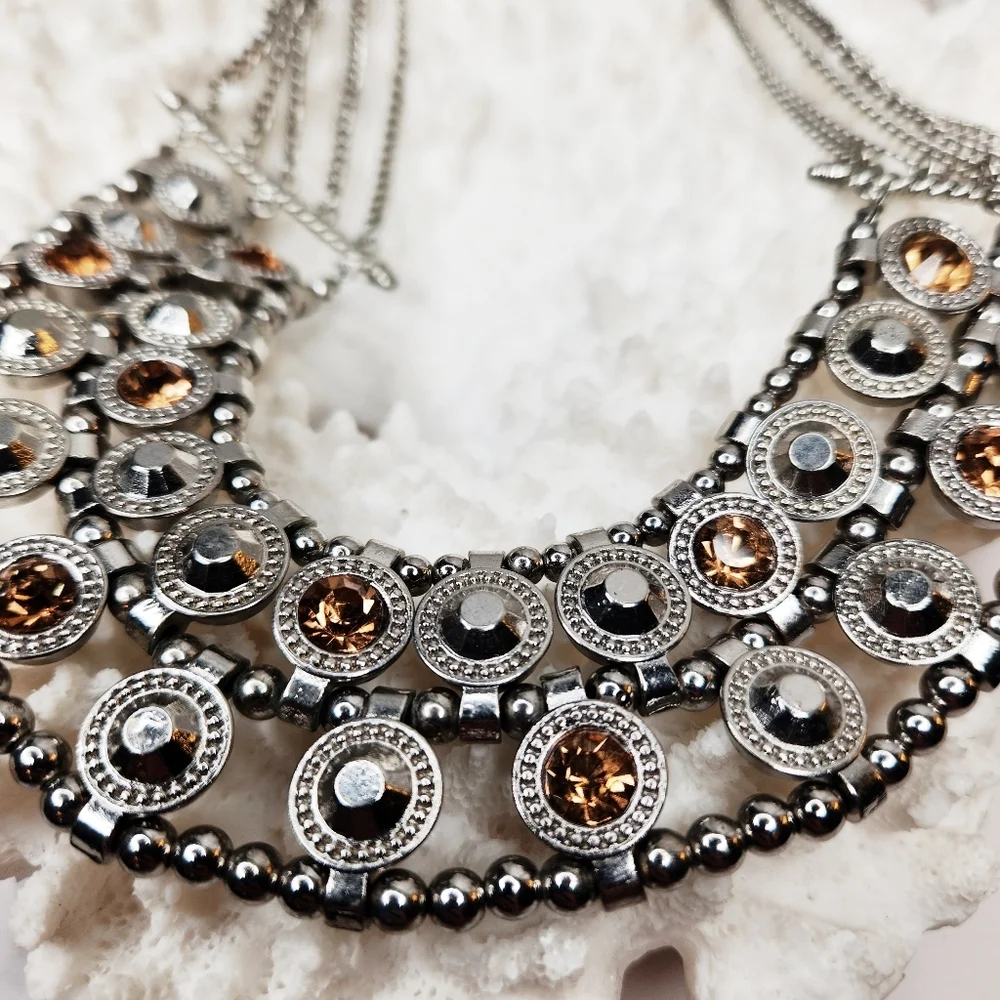 Silver Tone Metal Multi Chain Glass Gem Adjustable Collar Necklace Brutalist